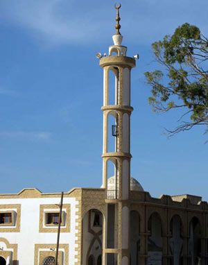 open minaret mosque with a lift