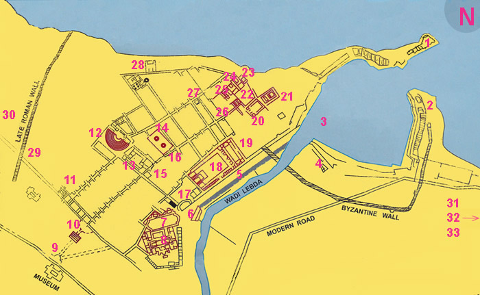 map of archaeological sites in Leptis Magna