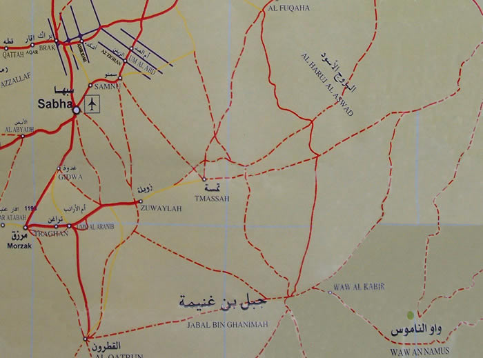 map of roads around Sabha and to Waw Annamous, south Libya