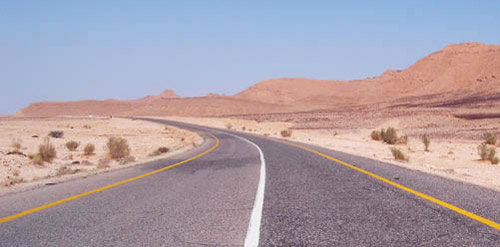 mountain road with white and yellow lines