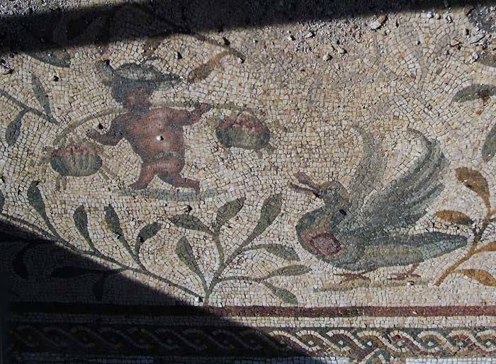 mosaic scene showing a bearded short man and a quacking duck