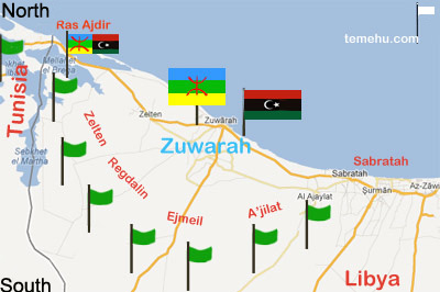 the black crescent map, showing Gaddafi loyalists around Zuwarah