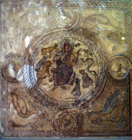 mosaic scene of a figure surrounded by animals