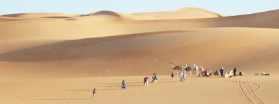 sahara sand dunes, camels and people