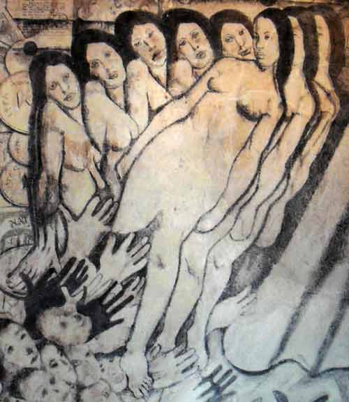 a section showing a group of slender women, somewhat sad faces,  from The Bardia Mural Drawing