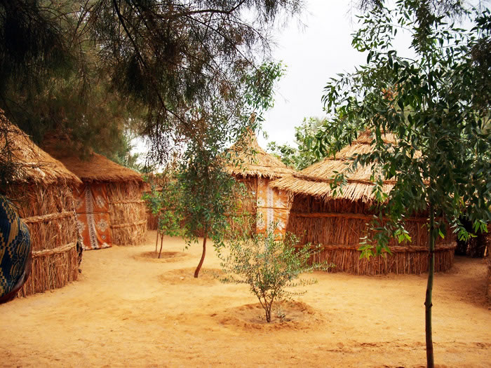 campsite in Ghat: straw huts and small trees in between