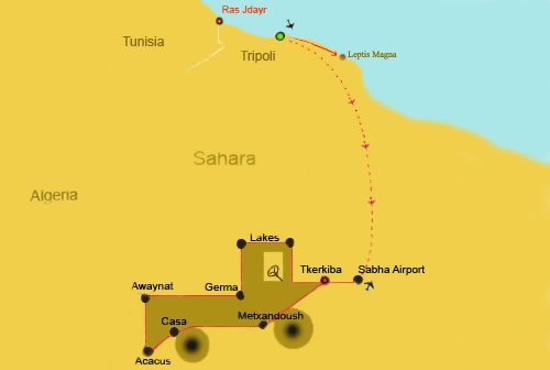 a map showing a travel route through the sahara, from Sabha to Acacus