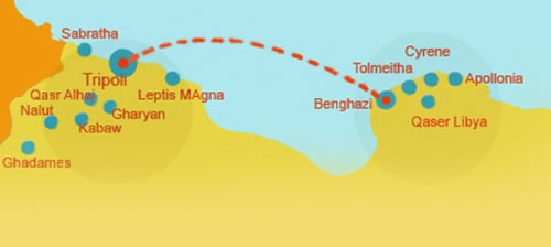 tripoli-cyrene tour route on Libya map