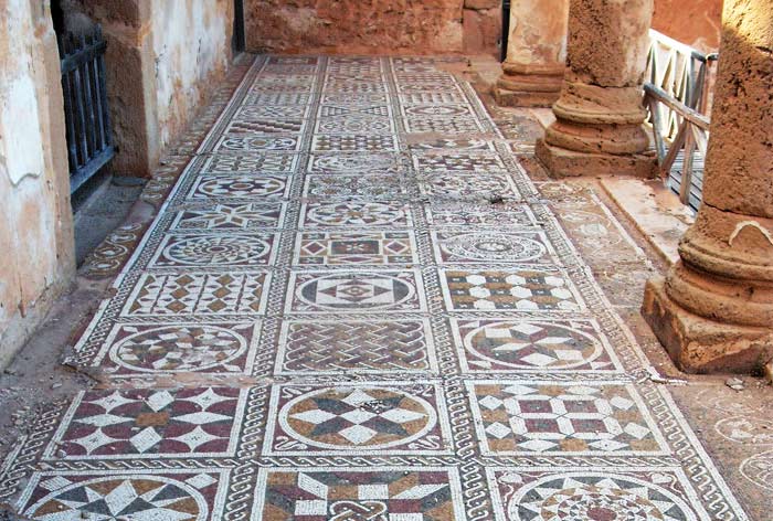 mosaic floor with geometric designs