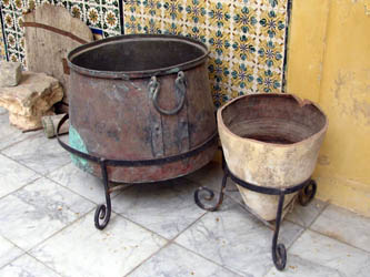 large copper saucpans or cooking copper pots